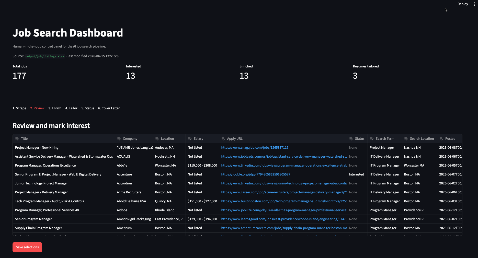 Job Search Dashboard, Review tab, showing scraped roles ready to be marked Interested